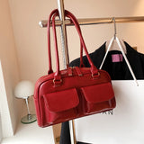 Retro Tote Handbags Double Pocket PU Leather Underarm Bag
