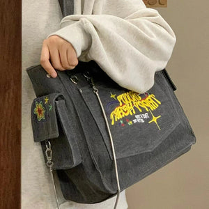 Vintage Embroidered Letters Tote High Capacity Shoulder Bag