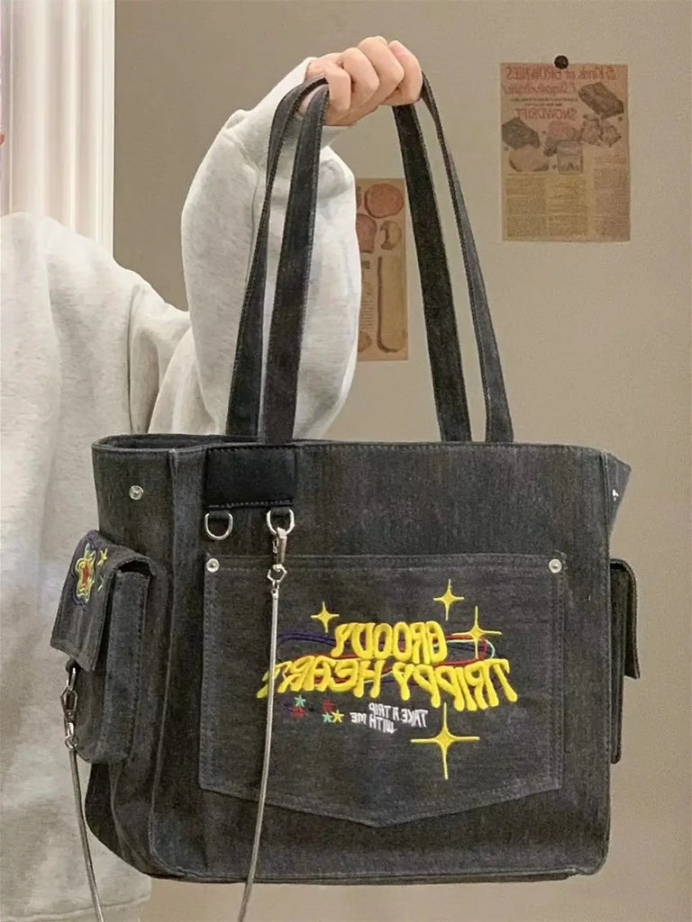 Vintage Embroidered Letters Tote High Capacity Shoulder Bag