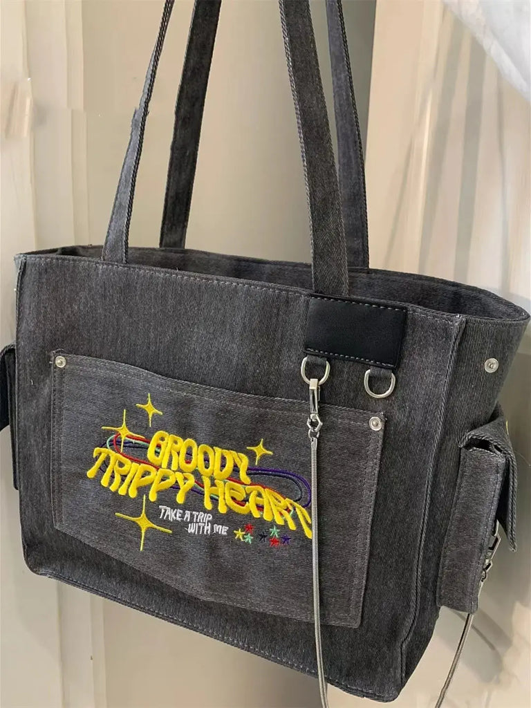 Vintage Embroidered Letters Tote High Capacity Shoulder Bag