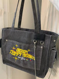 Vintage Embroidered Letters Tote High Capacity Shoulder Bag