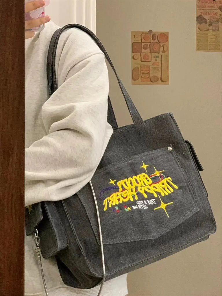 Vintage Embroidered Letters Tote High Capacity Shoulder Bag