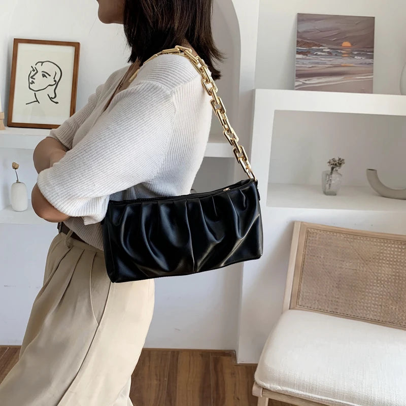 Vintage Women Shoulder Bag with Thick Chain Leather - Retro Style