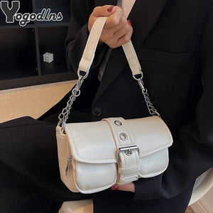 Retro Women Chain Shoulder Bag Small PU Leather Underarm Bag Female