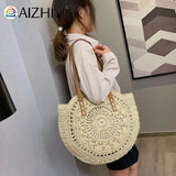 Retro Straw Woven Large Capacity Shoulder Tote Shopping Bag for Women