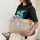 Retro Straw Woven Handbag Silk Ribbon Large Capacity Tote