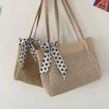 Retro Straw Woven Handbag Silk Ribbon Large Capacity Tote