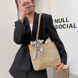 Retro Straw Woven Handbag Silk Ribbon Large Capacity Tote