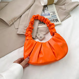 Retro Women Pleated PU Underarm Bag Casual Top-handle Handbag Solid Tote Bag