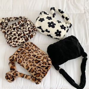 Retro Women Plush Shoulder Bag Winter Animal Pattern Tote Purse