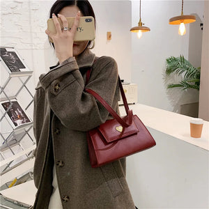 Vintage Small Square Shoulder Bag Red Wine PU Leather Tote Purse