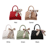Retro Women Silk Scarf Leather Shoulder Bag Checker Pattern Shopping Handbags