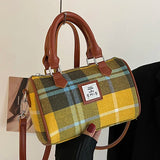 Retro Women Small Canvas Handbags Lady Yellow Shoulder Bag Plaid Suede Boston Ba