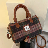 Retro Women Small Canvas Handbags Lady Yellow Shoulder Bag Plaid Suede Boston Ba