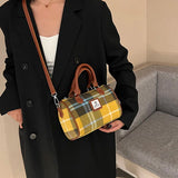 Retro Women Small Canvas Handbags Lady Yellow Shoulder Bag Plaid Suede Boston Ba
