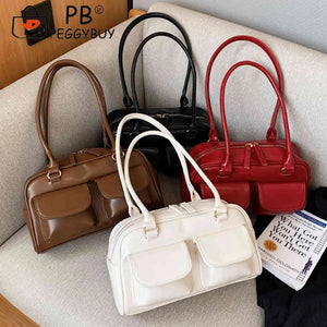 Retro Women Tote Bag Double Pocket PU Leather Shoulder Handbags