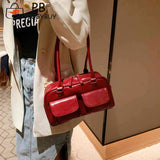 Retro Women Tote Bag Double Pocket PU Leather Shoulder Handbags