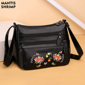 Vintage Embroidery Crossbody Bag PU Leather Shoulder Bag for Women