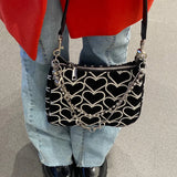 Embroidered Heart Canvas Shoulder Bag for Women Girls