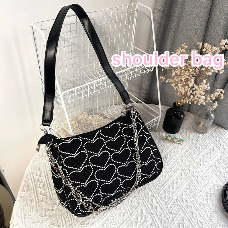 Embroidered Heart Hobo Canvas Shoulder Bag