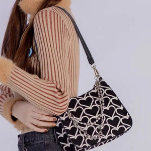 Embroidered Heart Canvas Shoulder Bag for Women Girls