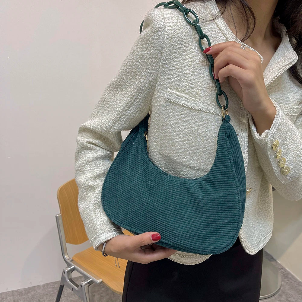 Retro Women's Saddle Bag Corduroy Solid Chain Small Hobos Underarm Bags