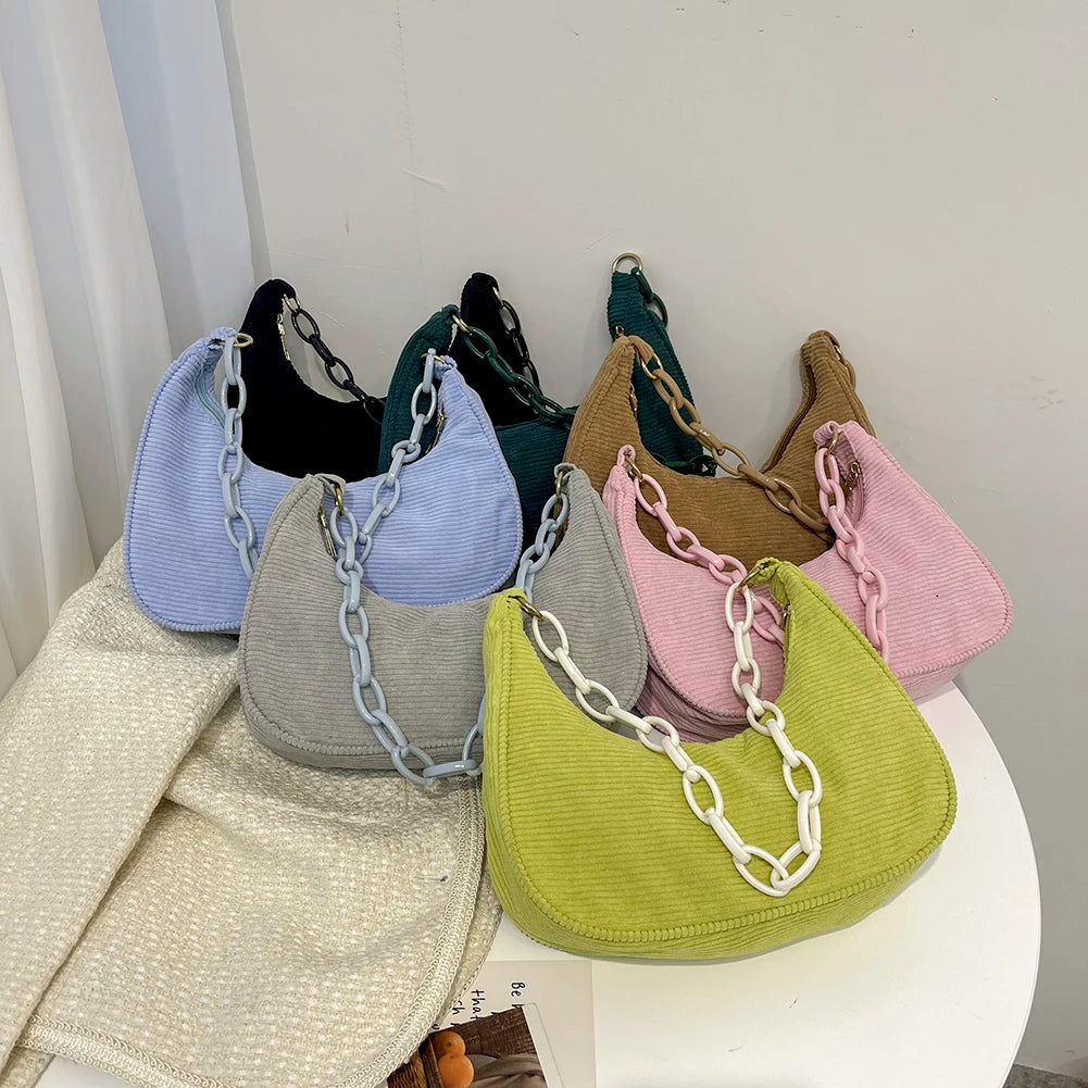 Retro Women's Saddle Bag Corduroy Solid Chain Small Hobos Underarm Bags