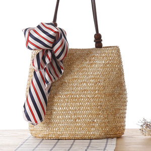 Woven Straw Tote Bag with Silk Scarf - Beach Crossbody Handbag