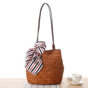 Woven Straw Tote Bag with Silk Scarf - Beach Crossbody Handbag