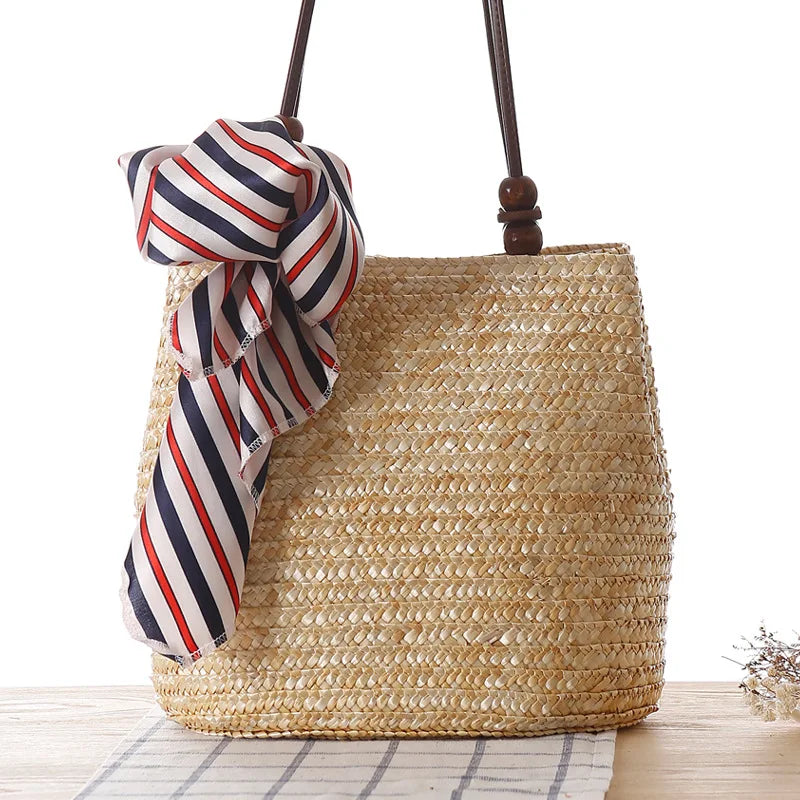 Woven Straw Tote Bag with Silk Scarf - Beach Crossbody Handbag