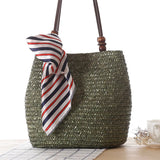 Woven Straw Tote Bag with Silk Scarf - Beach Crossbody Handbag