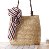 Woven Straw Tote Bag with Silk Scarf - Beach Crossbody Handbag