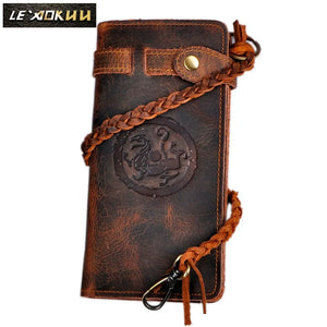 Retro Crazy Horse Leather Men's Long Chain Wallet Clutch Purse