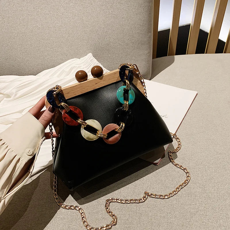Colorful Chain Handbag Women's Messenger Bag Wooden Clip Bag