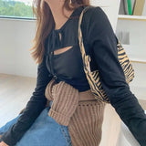 Striped Leopard Shoulder Bag Underarm Purse Women Handbag