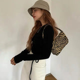 Striped Leopard Shoulder Bag Underarm Purse Women Handbag