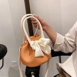 Retro Solid Bucket Bag with Bow Detail