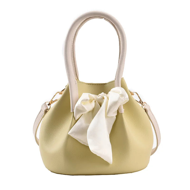 Retro Solid Bucket Bag with Bow Detail