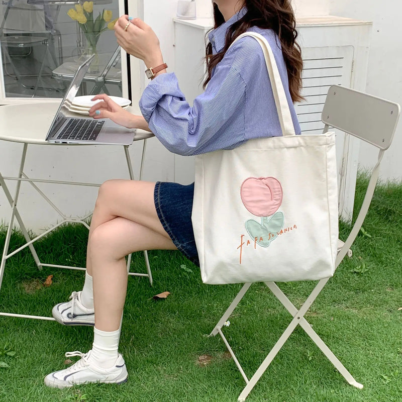Embroidered Tulip Canvas Tote Bag for Women