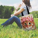 Cat In Flower Printed Tote Bag Ladies Shoulder Bag Linen Fabric