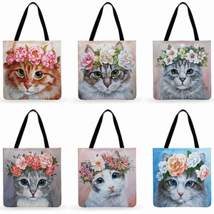 Cat In Flower Printed Tote Bag Ladies Shoulder Bag Linen Fabric