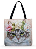 Cat In Flower Printed Tote Bag Ladies Shoulder Bag Linen Fabric