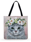 Cat In Flower Printed Tote Bag Ladies Shoulder Bag Linen Fabric