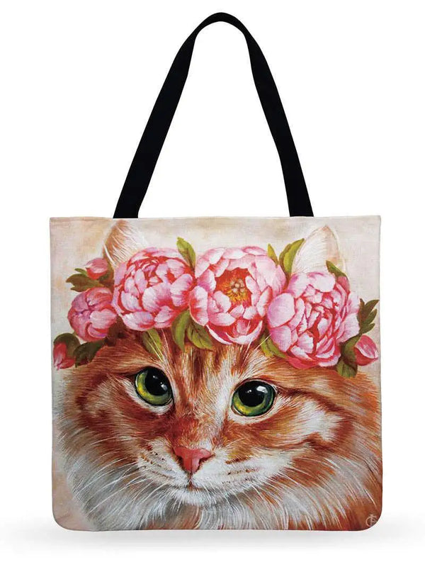 Cat In Flower Printed Tote Bag Ladies Shoulder Bag Linen Fabric