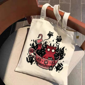 Canvas Tote Bag Satan Cat Demon Print Shopper Shoulder Bags