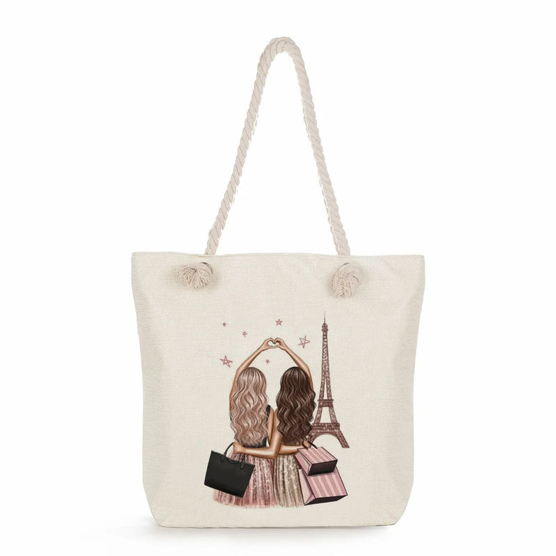 Cartoon Girlfriends Sisters Print Tote Bag for Women Casual Handbags