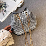 Rhinestone Shoulder Bag Silver Crystal Bucket Crossbody Tote