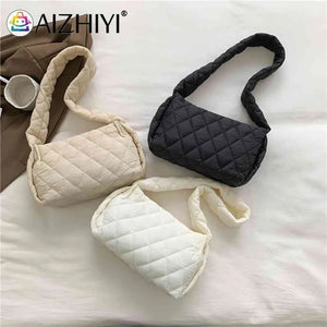 Rhombic Lattice Shoulder Bags Embroidered Cotton-Padded Bag