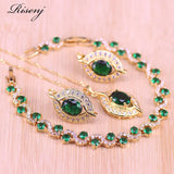 Green Stone Eye Square 18K Rose Jewelry Set With Bracelet
