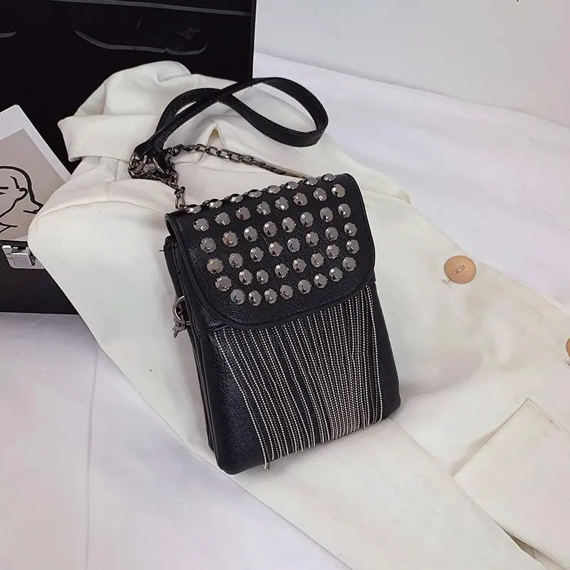 Rivet Crossbody Bag with Tassel Chain Small Handbag